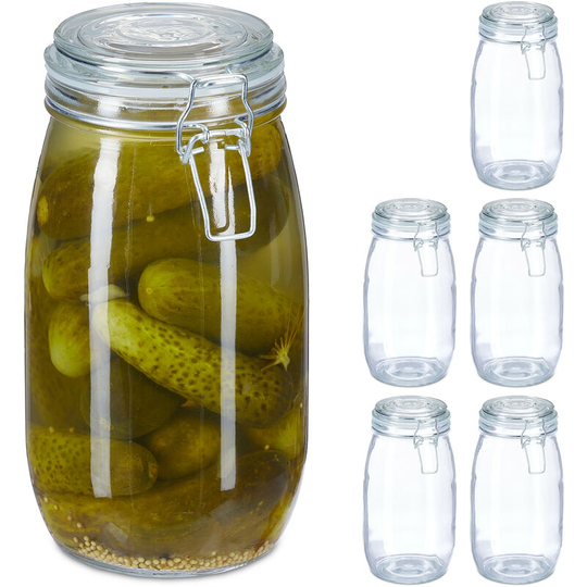 Glass Preserving Jars, Set of 6, 1.5 Litre, with Clip Top, For Pickling, Canning & Storage, Transparent - Relaxdays