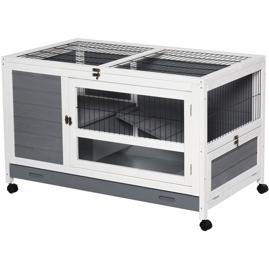 Pawhut - Wooden Rabbit Hutch Elevated Guinea Pig House Pet Bunny Cage with Slide-Out Tray Lockable Door Openable Roof Indoor 102 x 60 x 63.5cm Grey