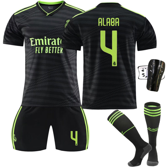 Real Madrid ii away game black fluorescent green jersey suit No. 4 with socks+protective gear, children's size 22