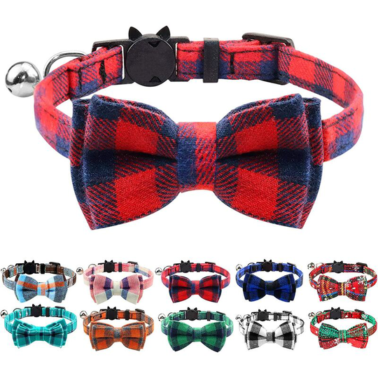 Cat Collar with Bell and Bow Tie, Quick Release Safety Collars for Kitten and Cats, Soft Tartan Collar, 1 Pack, Red