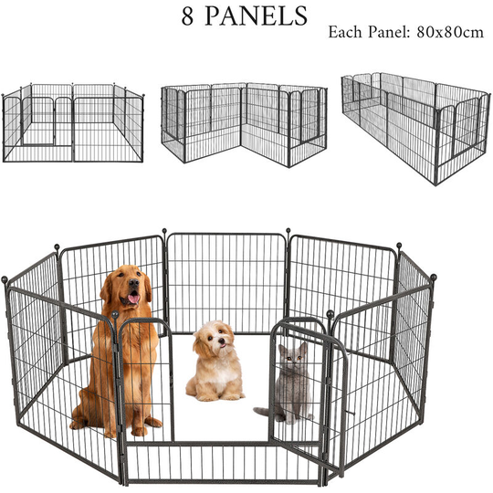 8 Panels Pet Playpen, Exercise Pen, Portable Cage Fence, for Puppy Dog Cat Rabbit Duck, Metal, Weather-Proof, 80x80cm per Panel