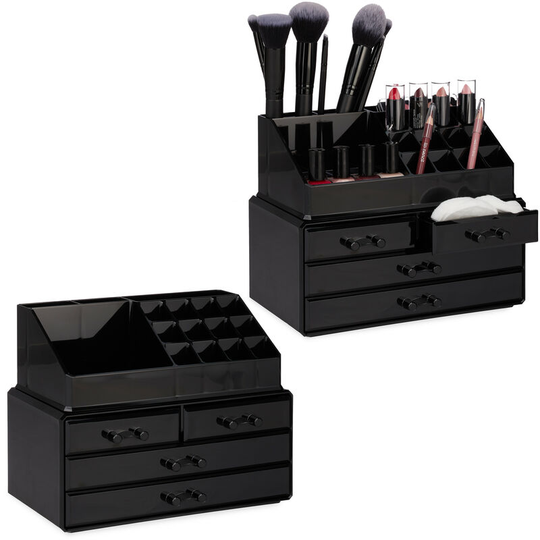 Set of 2 Relaxdays Makeup Organizers with 4 Drawers, Cosmetics Holder for Nail Polish and Lipstick, Makeup Kit, Black