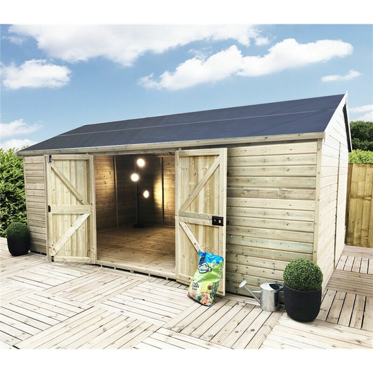 20 x 10 windowless Reverse Premier Pressure Treated Tongue And Groove Apex Shed / Workshop With Higher Eaves And Ridge Height Double Doors (12mm