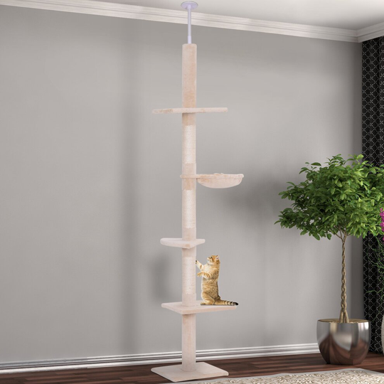 (Beige & White) Ceiling High Cat Scratching Post 5 Platforms Sisal Climb