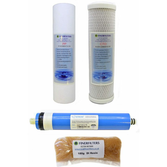 4 Stage 75 gpd Aquarium Reverse Osmosis 10' Drop In Replacement Water Filters & 180g di Resin by Finerfilters