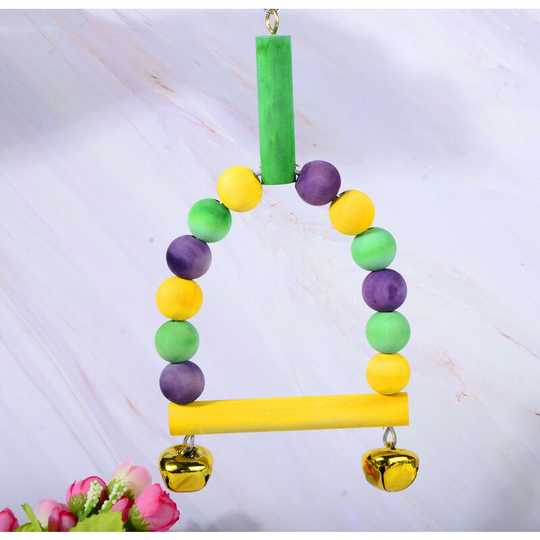 Wooden Parrot Play Stand Wooden Bird Playground Pole Gymnasium Swing Toys with Colorful Wooden Bells and Beads