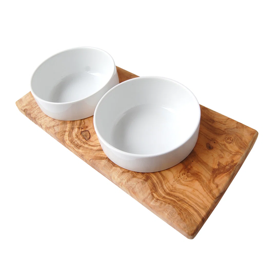 Dandy Feeding Station Made of Olive Wood With 2 X 0.4 L Ceramic Bowls
