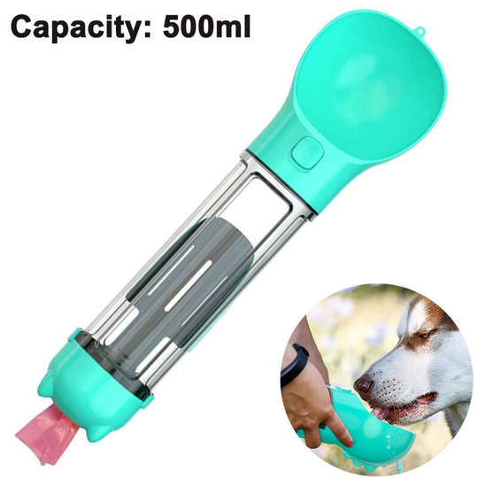 3 in 1 Dog Water Bottle, Cup & Waste Bags Dispenser Leak Proof for Hiking & Outdoors, 500ML