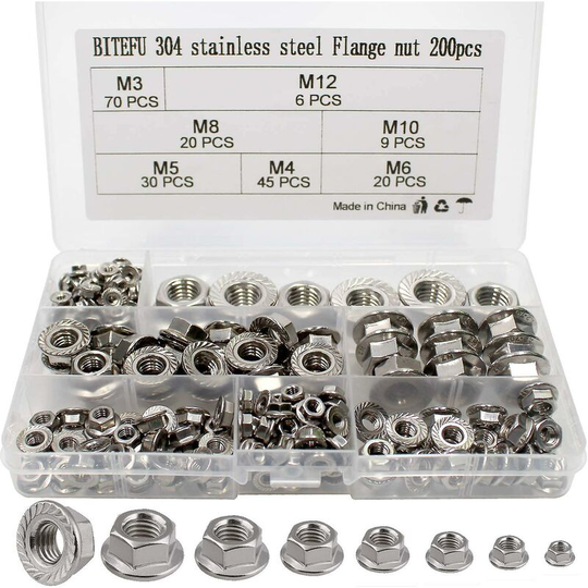 Bitefu 200pcs Hex Flange Nut Lock Nuts 304 Stainless Steel Flange Nuts Thsinde