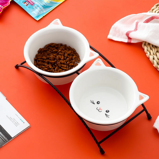 Ceramic Cat Air Bowl, 350ml Air Bowl for Food or Water, Double Cutlery for Cat, Cat Gift - Deckon