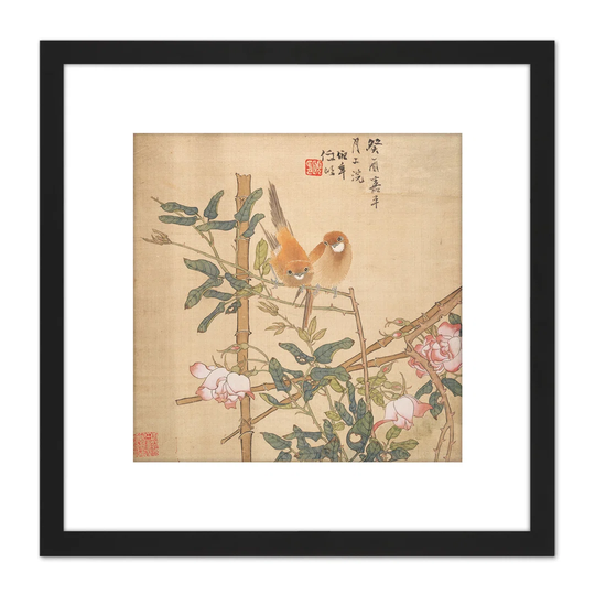 Ren Yi Two Birds Perched Rose Bush Chinese by Ren Yi - Picture Frame Painting