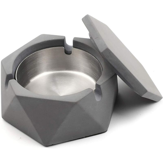 Sun Flowergb - Concrete Ashtray with Geometric Lid for Cigarette - Outdoor Ashtray with Stainless Steel Inner Tray - Nordic Style