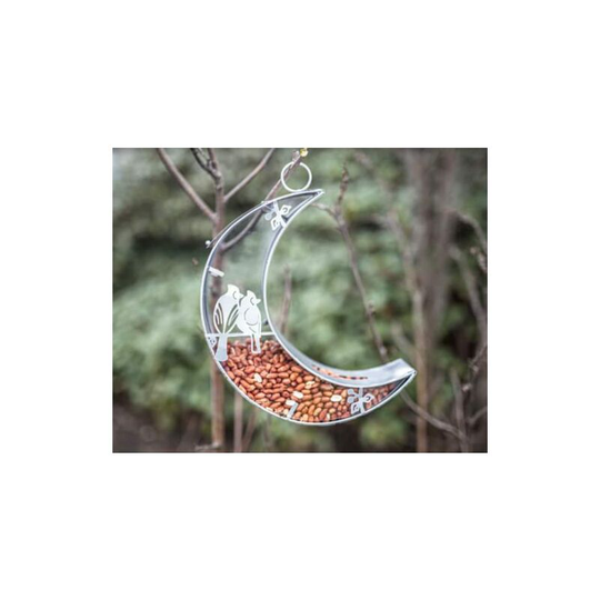 Silver Half Moon Hanging Bird Seed Nut Feeders Mounted Outdoor Garden Feeding Station Wild Birds Food Treat Feeder Weatherproof Metal Novelty Feeder