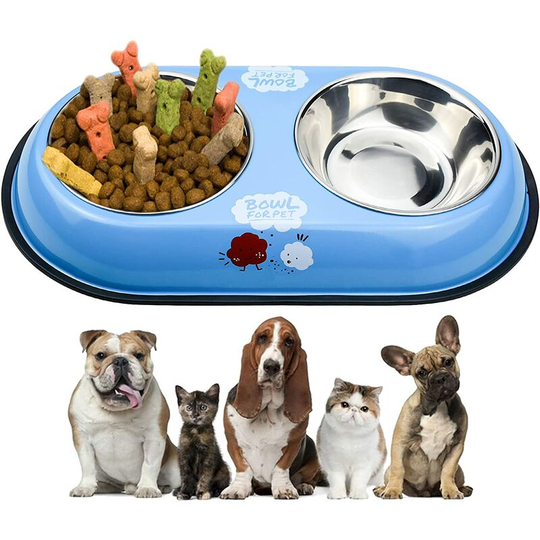 Non-slip Cat and Dog Bowl Stainless Steel Cat Bowl Cat Food Bowl with Silicone Mat for Cats, Puppies and Small Animals (Blue)