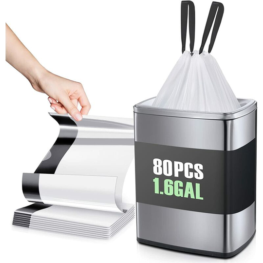 Joorrt - 1.6 Gallon 80 Strong Drawstring Trash Bags, Small Plastic Bags, Trash Can Liners for Home, Office, Kitchen, Bathroom, Bedroom, White Trash