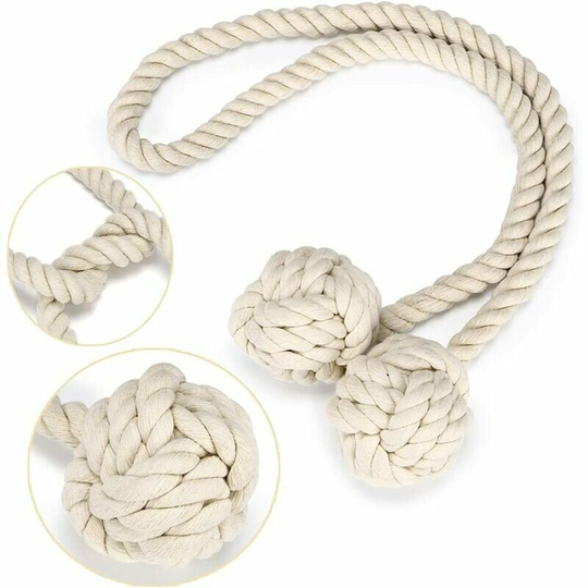 2 Curtain Tiebacks with 2 Cotton Balls, Eco-Friendly Rope Knit Cotton Yarn Curtain, Natural and Simple Style, Decoration for Living Room or Bedroom