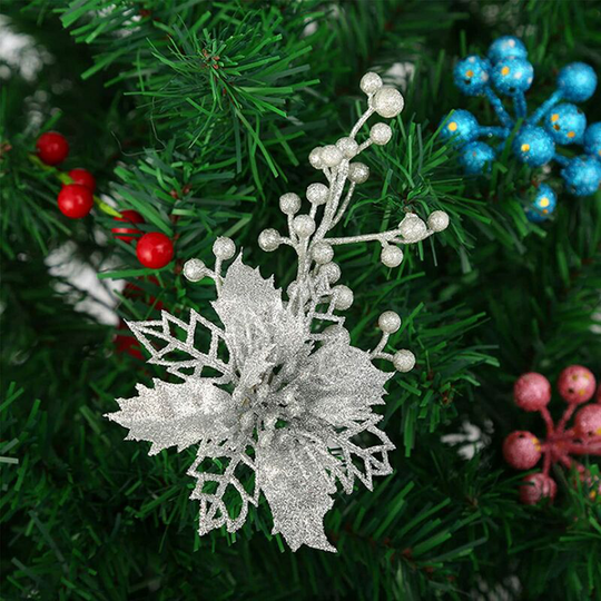 Set Of 10 Christmas Decoration Artificial Poinsettia With Metal Alloy Clip 15cm Glitter