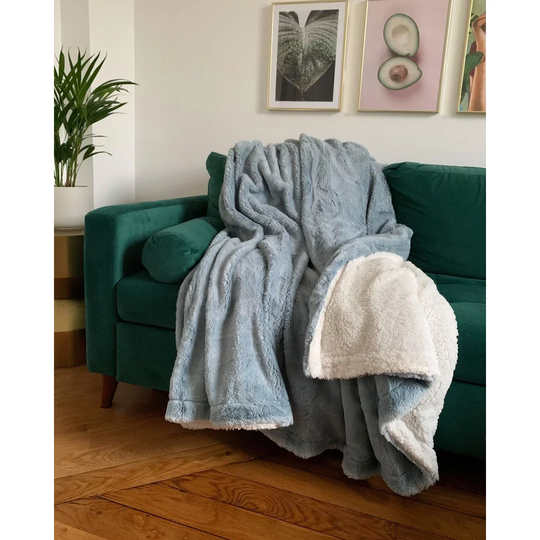 "Rabbit" Imitation Lined Plaid Blanket Gray Blue
