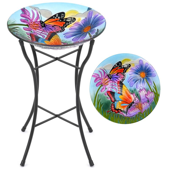 Glass Butterfly Bird Bath - Multi Coloured