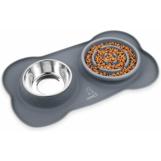 Bearsu - Double Dog Cat Bowl, Silicone 3-in-1 Anti Glutton Bowl, Bowl with Anti-Slip and Waterproof Base, Promotes Healthy Eating and Slow Digestion