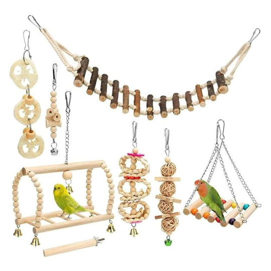 Thsinde - Bird Toys 8 Pieces with Chew Toys and Perched Swings for Bird Cage - Ideal for aviary decoration and Bell Toys for Parrots, Parakeets,