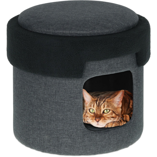 Cat Den, 2 in 1 Seat Stool & Pet Cave, h x w x d: 36 x 40 cm, Cats & Small Dogs, Reversible Lid, Grey - Relaxdays