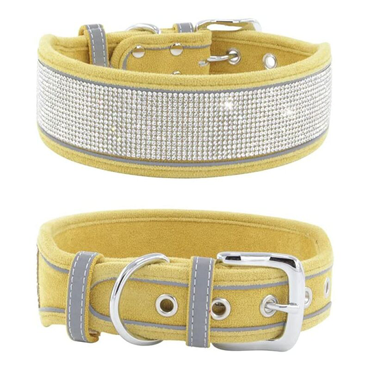 Reflective Dog Collar Medium Large Dog Glitter Suede with Rhinestones Tie and Phone Number Anti-lost (Yellow m)