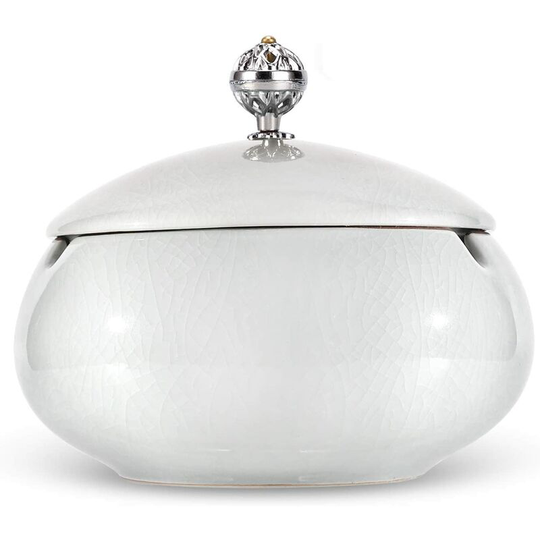 Outdoor Ashtray with Lid, Closed Ceramic Cigar Ashtray Anti Odor Design Moroccan Style for Outdoor Garden Patio White