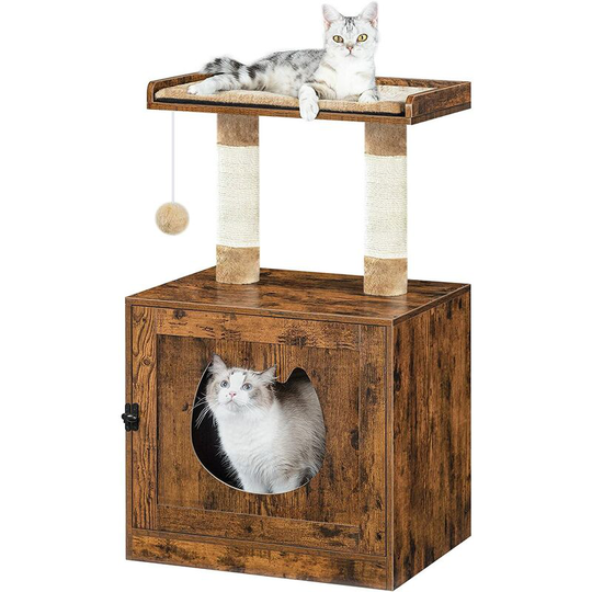 Cat Litter Box Enclosure, Hidden Cat Litter Tray Furniture, Cat Tree, Wooden Cat House with Sisal Scratching Posts and Mat, Cat Toilet Washroom, Cat