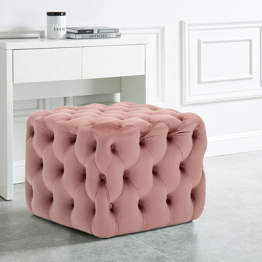 50CM Square Velvet Buttoned Footstool, Pink - Livingandhome