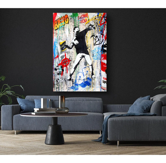 Banksy Flower Thrower Man - Wrapped Canvas Painting