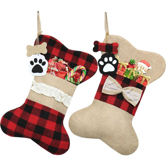 Ilovemilan - Christmas Stockings,Set of 2,Christmas Decorations,Pet Dog Christmas Stockings Burlap Plaid Large 18 Inch Bone Shape Pets Stockings