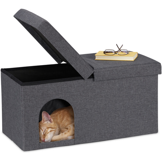 Cat Cave Foldable, Sturdy Folding Bench, Indoor Cat Furniture, Pet Bed Hideaway, HxWxD: 38.5x74.5x37 cm, Grey - Relaxdays