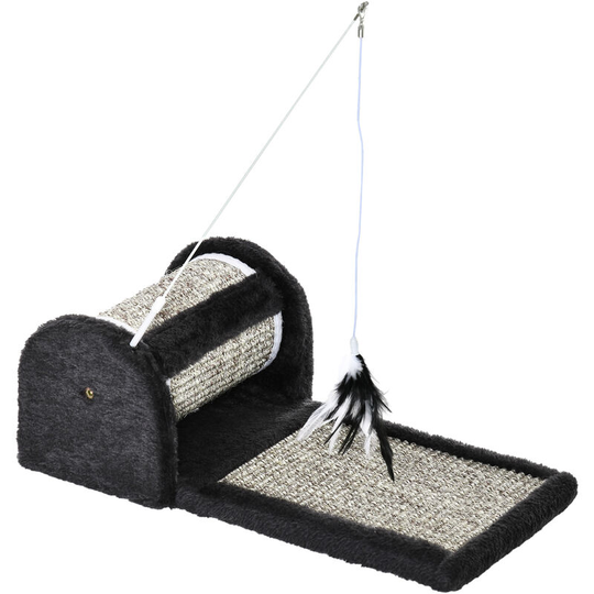 Cat Scratcher Sisal Scratching Pad Mat Board Kitten Toy with Roller Feather Teaser, 44 x 24 x 16 cm, Grey - Grey - Pawhut