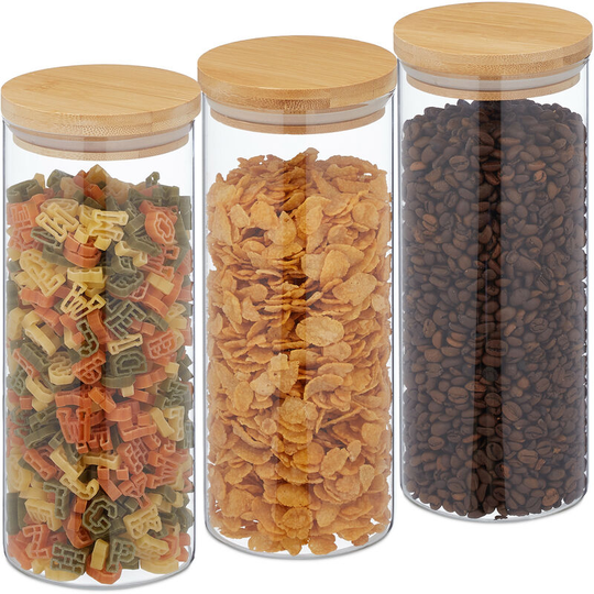 Relaxdays - Storage Jars in Set of Three, Bamboo Airtight Lids, 1350ml Each, Dry Food Storage, Glass, Transparent/Brown