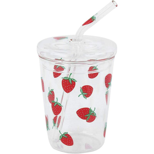 Glass Cups, Clear Glass Mugs Drinking Tumblers with Lids and Straws Strawberry Pattern Glass Cups for Drinking Water Coffee Milk Juice