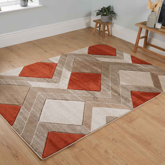 (Beige / Terracotta, 120 x 170cm) Multi Coloured Geometric Diamond Modern Rugs Mat
