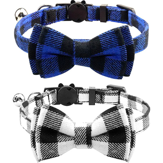 Anti Strangulation Cat Collar, 2 Pcs Cat Collar with Bell and Bow Tie, Cute Collars for Kitten and Cats, Blue + Black
