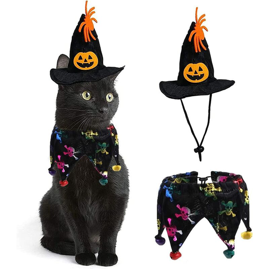 Halloween Pet Costume Cat Costume Collar Cloak with Hat Wizard Small Animal Kitten Puppy Cosplay Halloween Party Pet decoration (Skeleton)