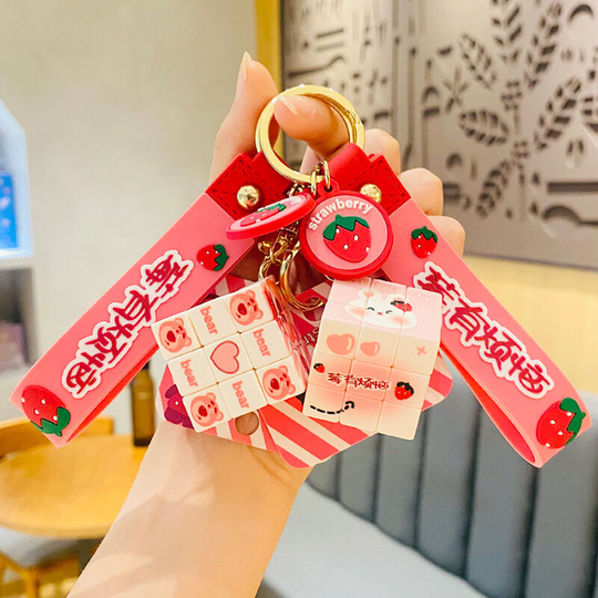 Cartoon strawberry bear Rubik's cube rabbit car key chain female schoolbag pendant couple small gift about 3cm