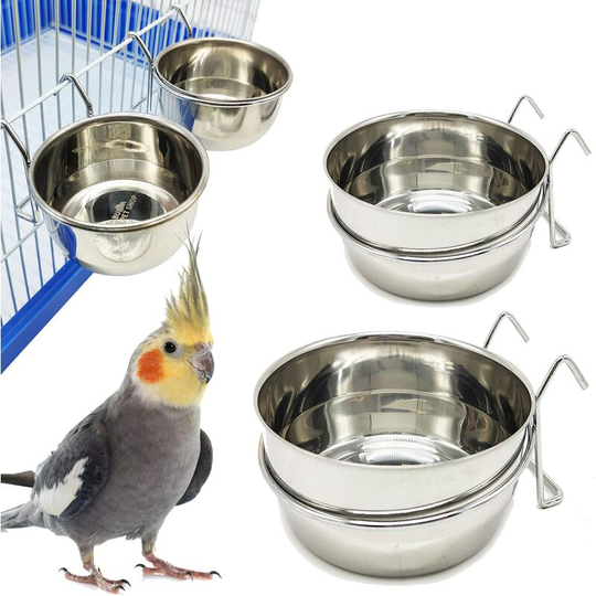 2 Pieces Stainless Steel Feeder with Hanging Food Storage Hook for Parrot Bird Food Bowl