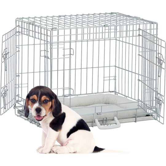 Foldable Dog Crate, for Travelling & Indoors, Bottom Tray, 2 Doors, Handle, Pillow, 51 x 60 x 45 cm, Metal - Relaxdays