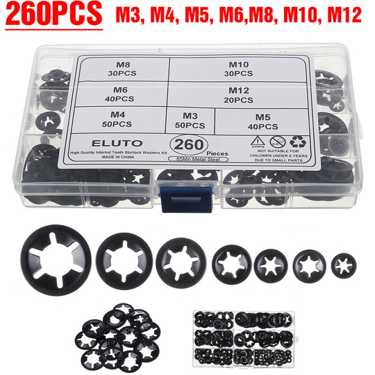 260pc Starlock Washers Push On Lock Star Nut Fastener Clips Lock Set M3-M12