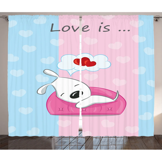 Puppy Dreaming on the Sofa Heart Background Valentine Theme Art 2 Piece Room Darkening Curtain Set