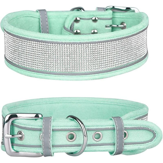 Reflective Dog Collar Medium Large Dog Glitter Suede Rhinestones Tie and Anti-lost Phone Number (Mint Green s)
