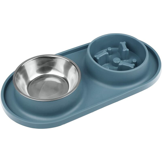Dog Bowl, Anti Glutton Dog Double Bowl Stainless Steel Cat Bowl Non-Slip Silicone Base Anti-Overflow 3 in 1 Bowl for Small Dog Cat