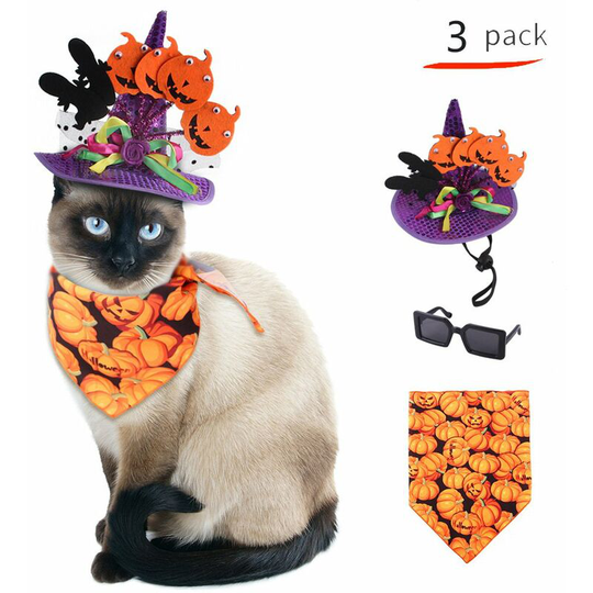 Pet Halloween Costume Set, 3 Piece Set, Hat+Scarf+Glasses, Halloween Christmas Holiday and Pet Cosplay, Kitten Puppy Dog
