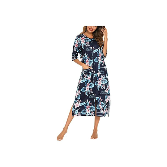 Printed Women's Gown Zipper Front Office Coat 3/4 Sleeve Pajama Full Length Women's Casual Dress with Pockets s-xxl