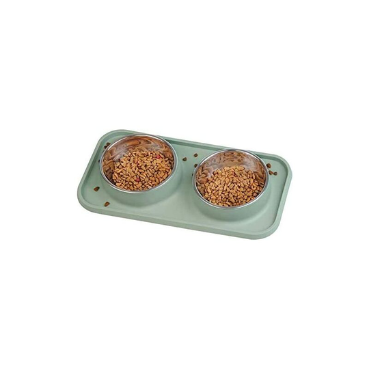 Cat and Dog Bowl Stainless Steel Double Bowl Non-Slip Base Anti-Overflow and Anti-Spill Silicone Mat 2x400ML (2*400ML, Green)