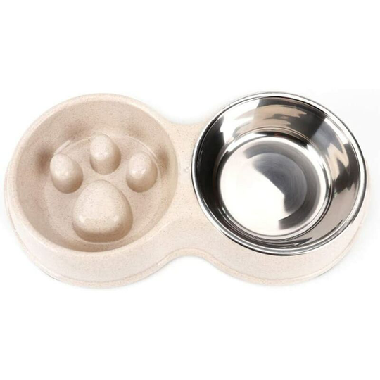 Double Pet Dog Slow Feeder Bowl,Stainless Steel Anti-Choke Puppy Food and Water Feeder for Dog Cats (White)